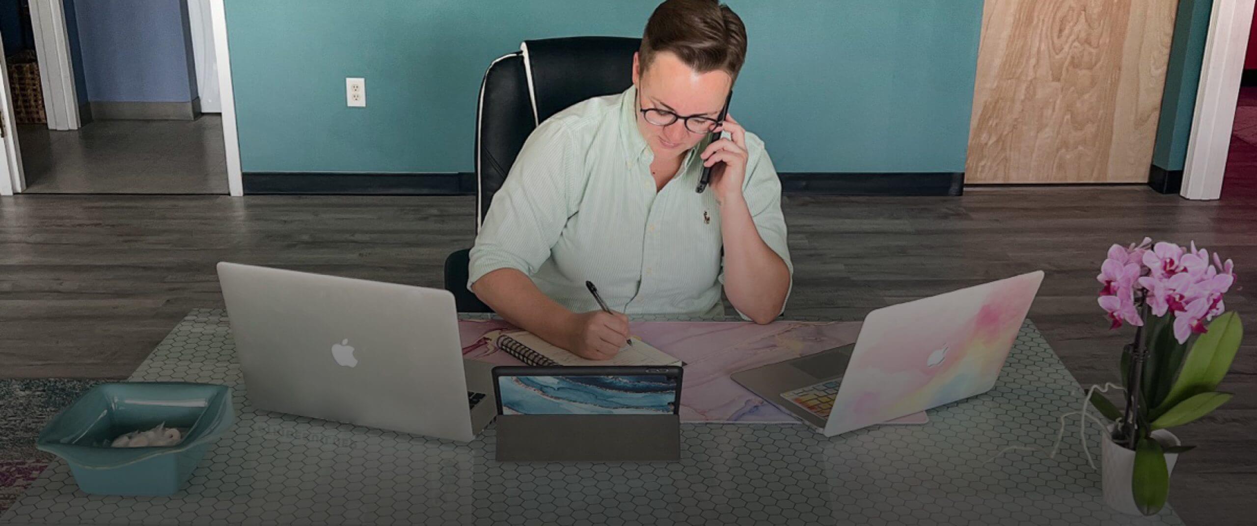 A woman at a desk in an office