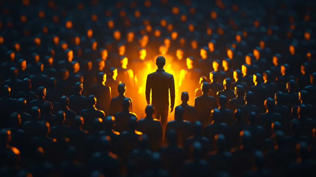 A man who stands out in a crowd illuminated by a bright light