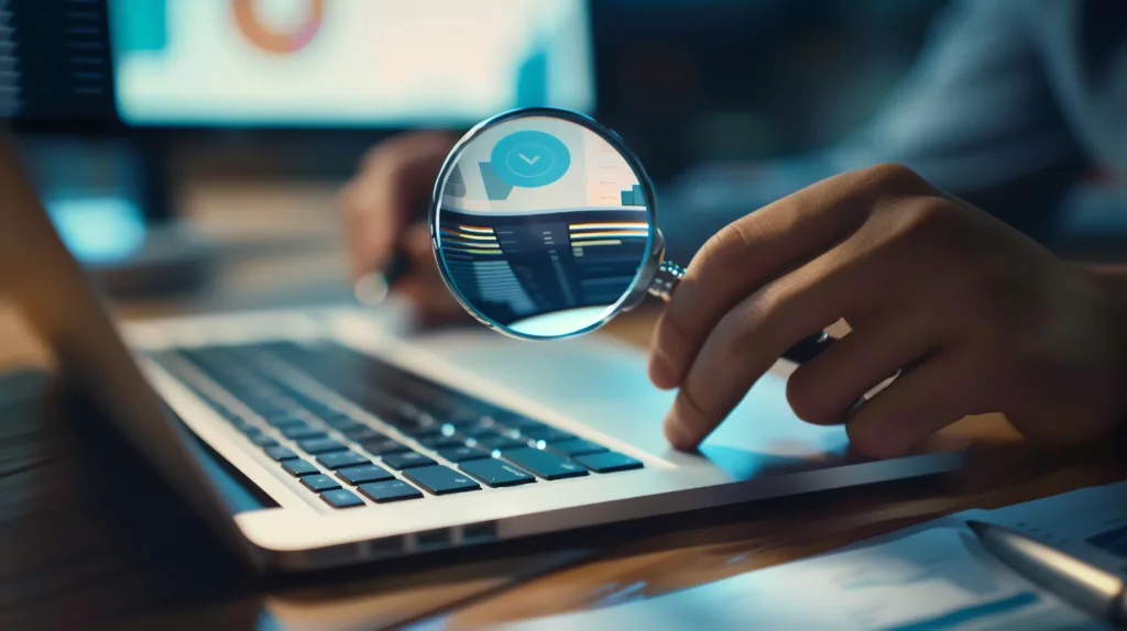 digital marketing agent holding a magnifying glass next to a laptop