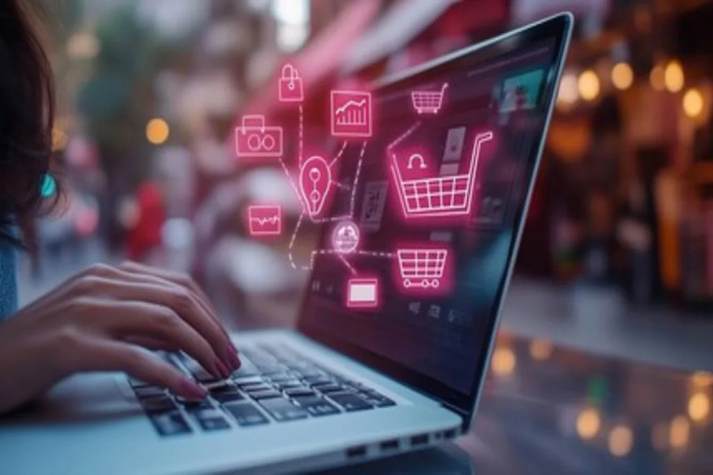 digital marketing manager working on laptop with 3d display of data on screen