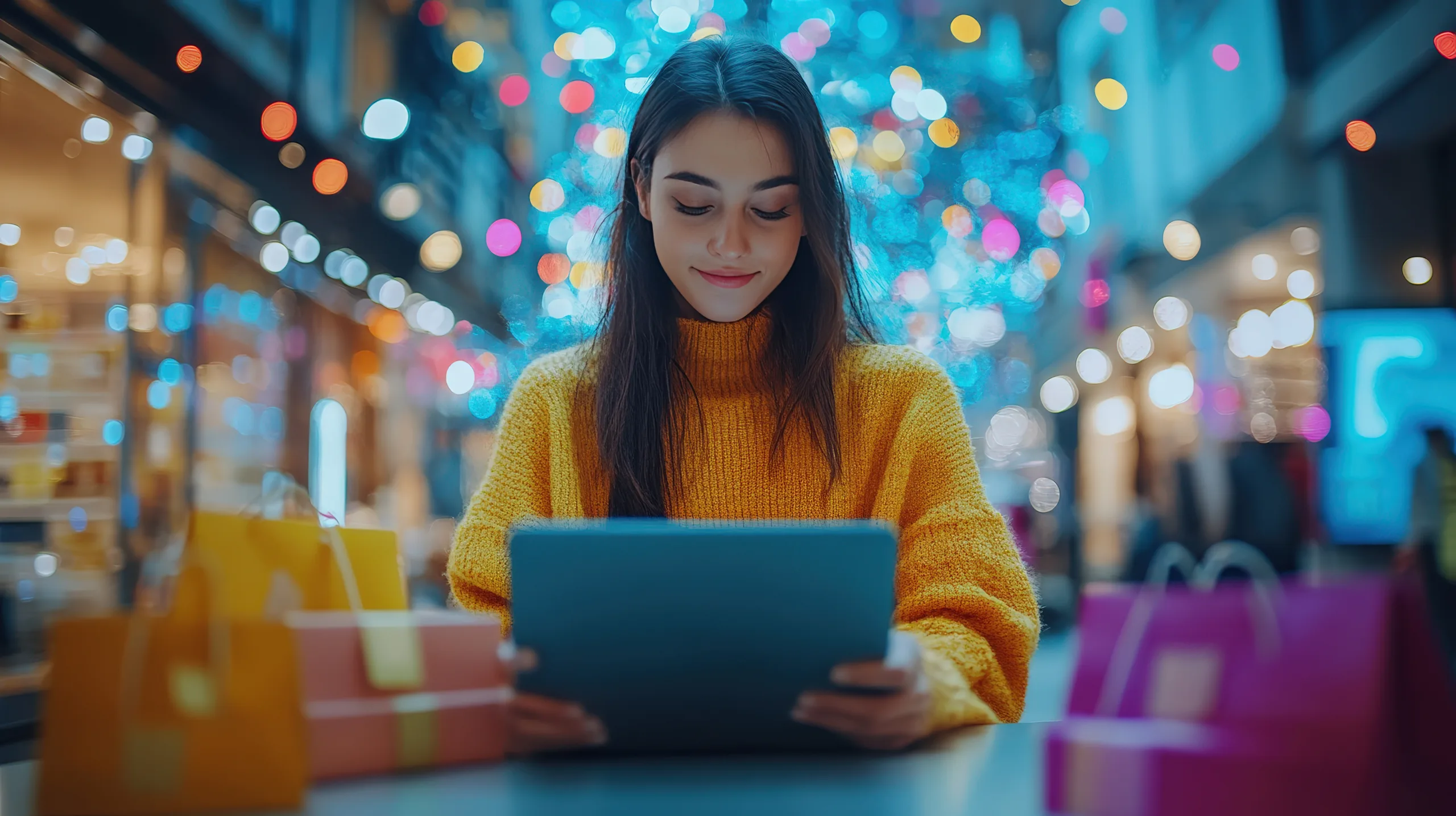 a girl looks at a tablet in a shopping mall