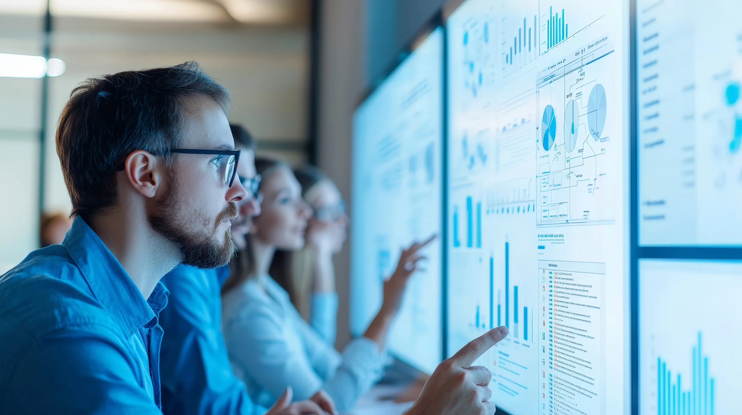 team analyzing data displayed on large screen monitors