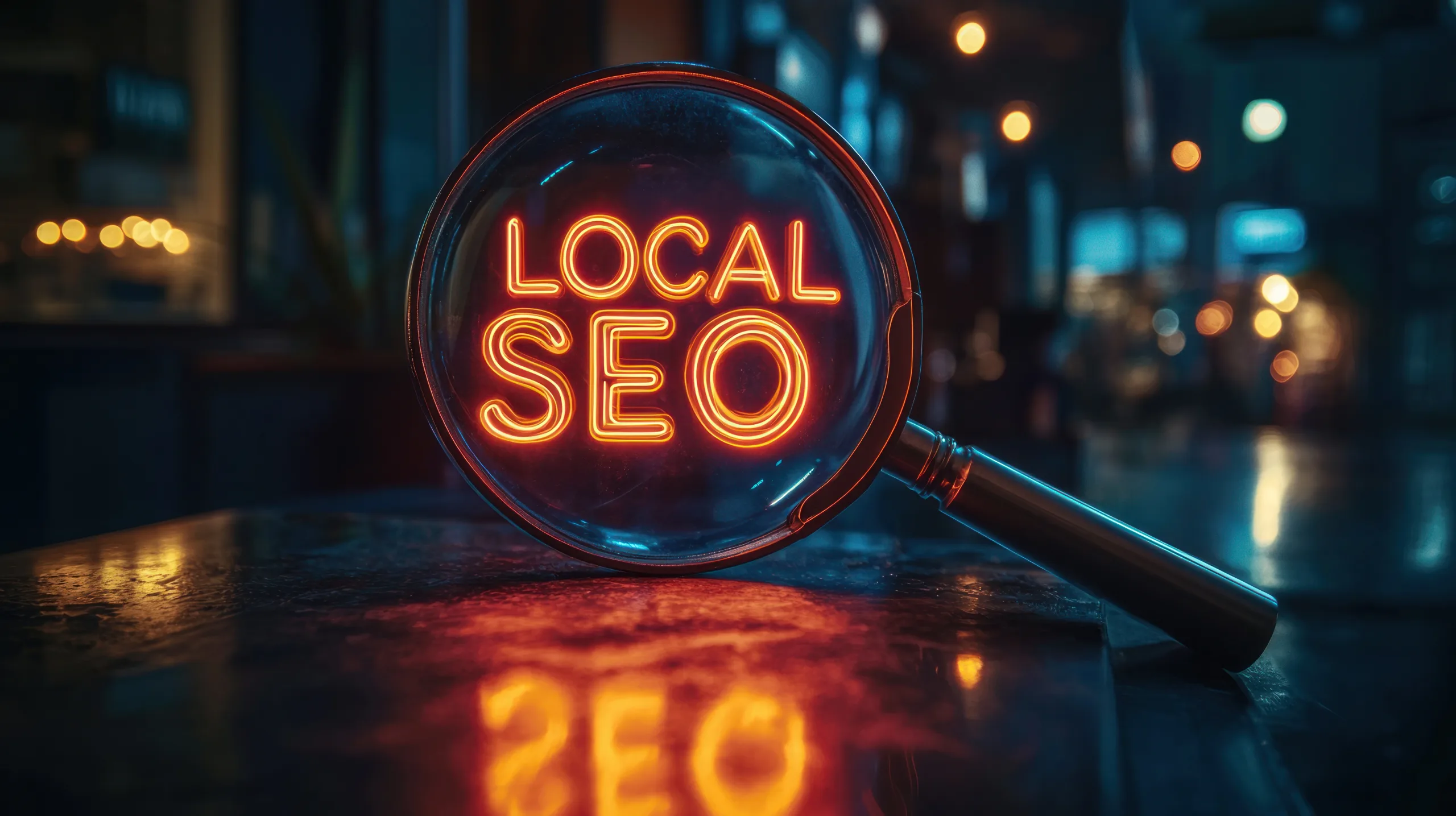 Neon sign local SEO in magnifying glass